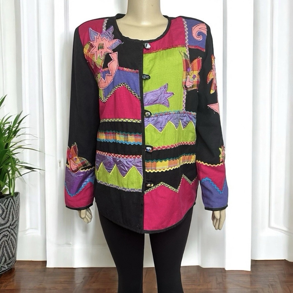 Indigo‎ Moon M Boho Eclectic Jacket Linen Mix Artsy Grandma Maximalist Festival